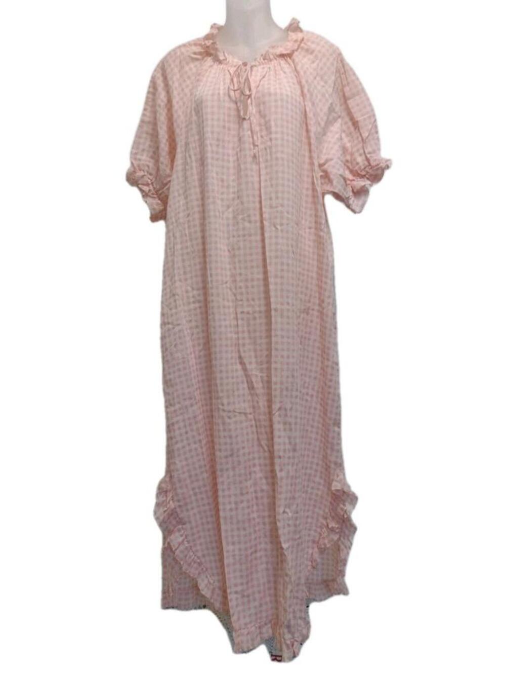 Vintage 60s 70s Pink Gingham Nightgown Ruffle Hem Prairie Peasant Style